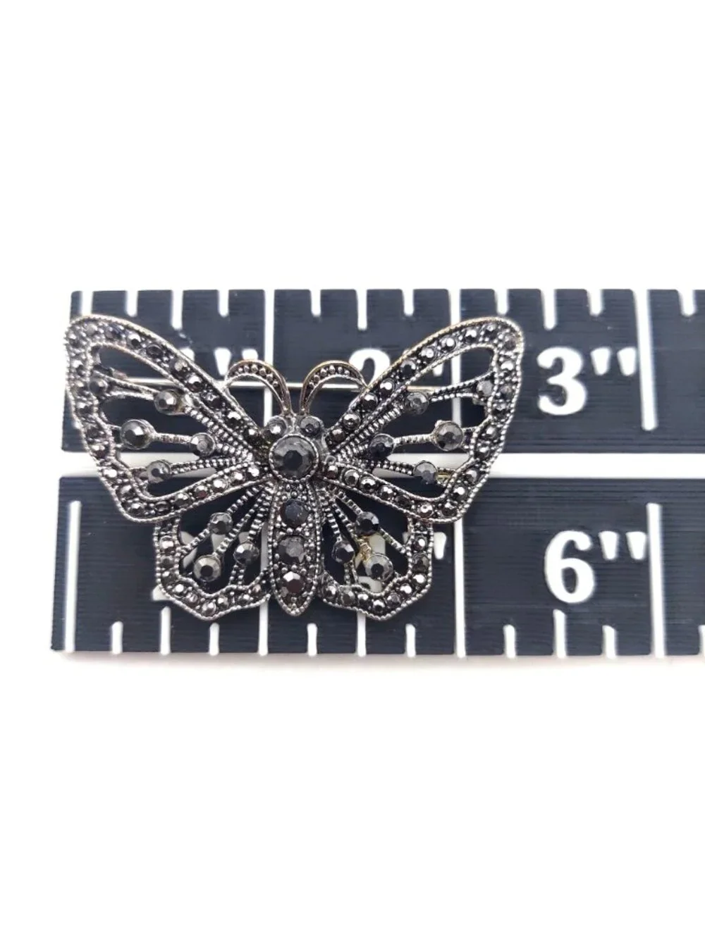 Marcasite Butterfly Brooch Pin Filigree Silver Tone Crystal Insect Vintage